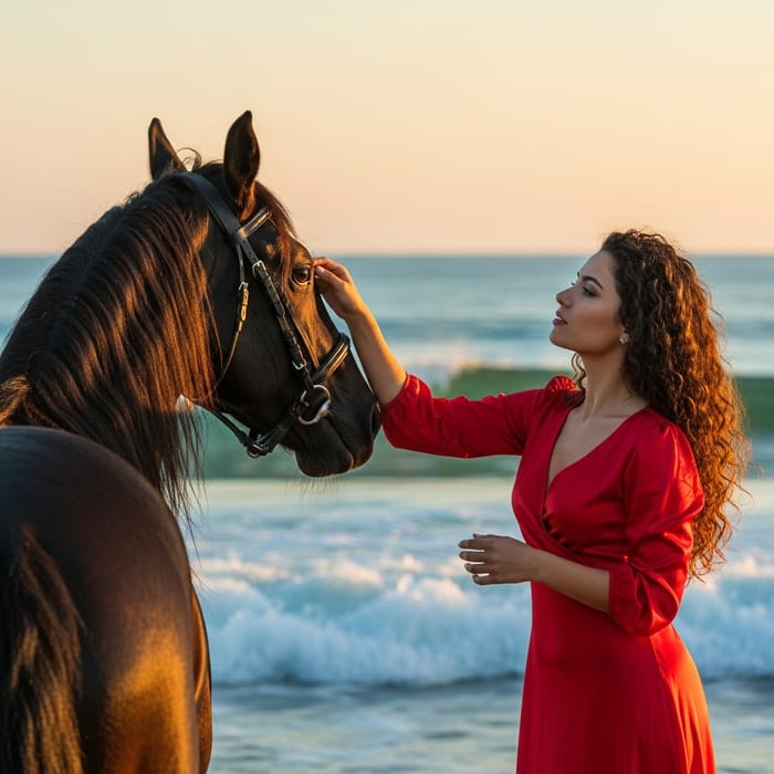 Alluring Woman in Red Dress Petting Majestic Horse by Ocean Waves Alluring Woman in Red Dress Petting Majestic Horse by Ocean Waves