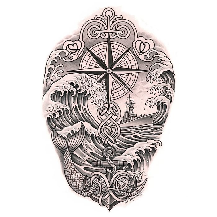 Captivating Maritime Tattoo Capturing Love's Journey and Naval Elegance Captivating Maritime Tattoo Capturing Love's Journey and Naval Elegance