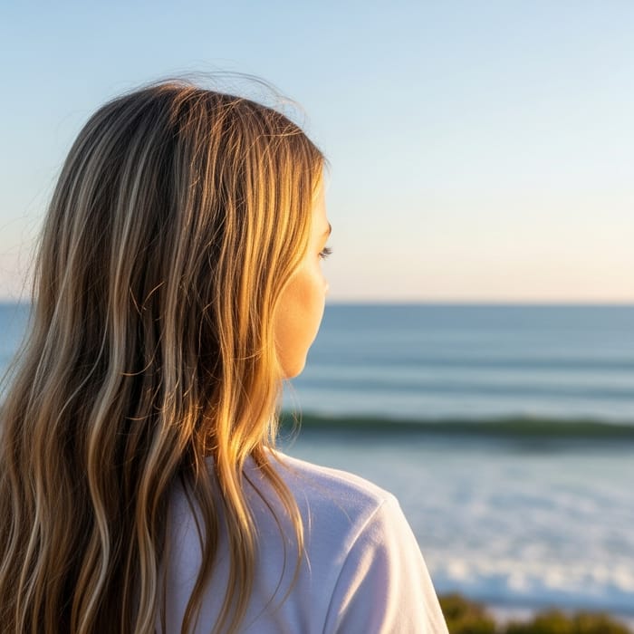 12-Year-Old Girl with Long Blonde Hair Watching Horizon 12-Year-Old Girl with Long Blonde Hair Watching Horizon