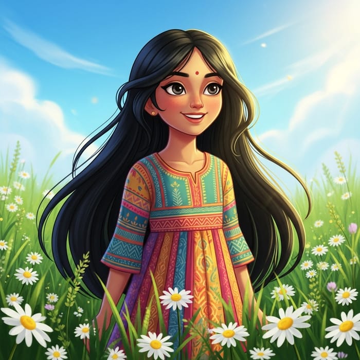 Happy Girl in Vibrant Frock Enjoying Nature