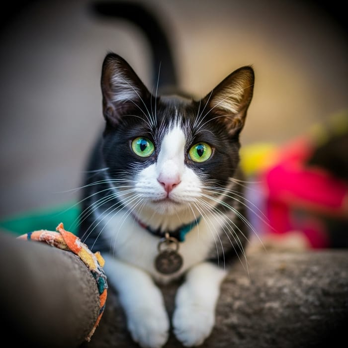 Curious Black and White Cat with Vibrant Green Eyes and Colorful Playfulness