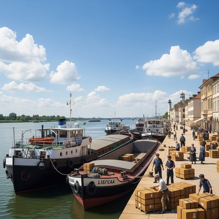 Tranquil River Port at 河港 with Cargo Boats and Lighthouse Tranquil River Port at 河港 with Cargo Boats and Lighthouse