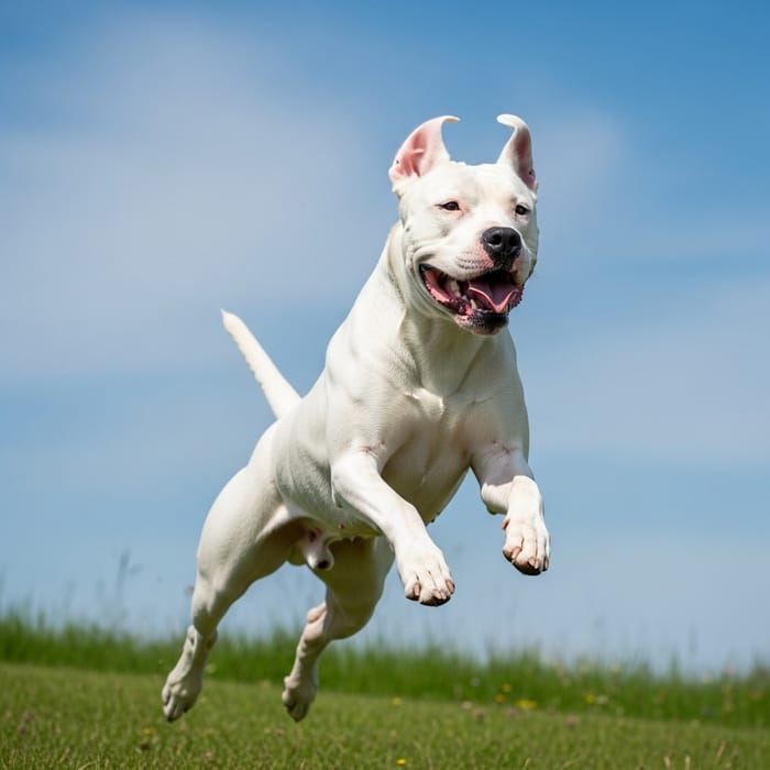Flying Dogo Argentino Soaring Through Green Grass and Blue Skies