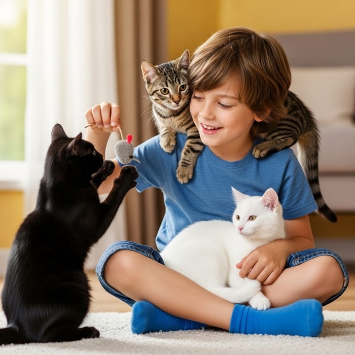 Young Caucasian Boy with Brown Hair Playing with a Trio of Stunning Cats