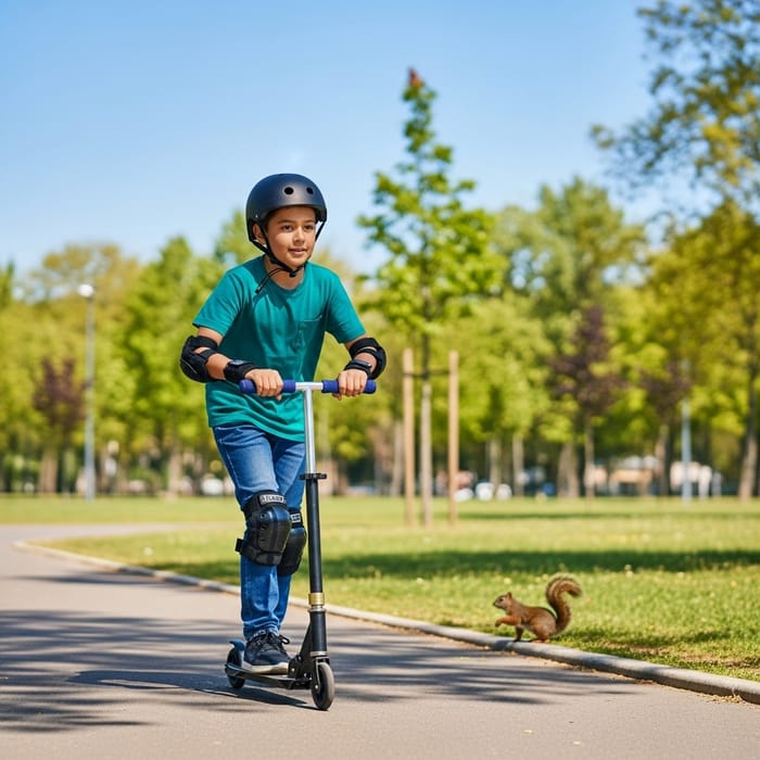 Hispanic Boy on Scooter in Urban Park