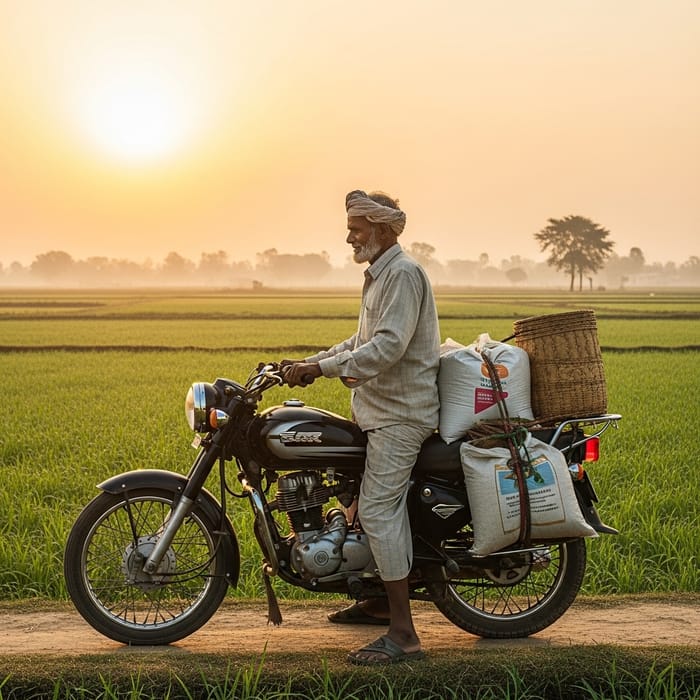 Elderly Man Riding Motorcycle to Farm Fields at Sunrise Elderly Man Riding Motorcycle to Farm Fields at Sunrise