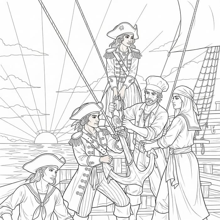 Multi-Cultural Pirate Crew Coloring Scene Multi-Cultural Pirate Crew Coloring Scene