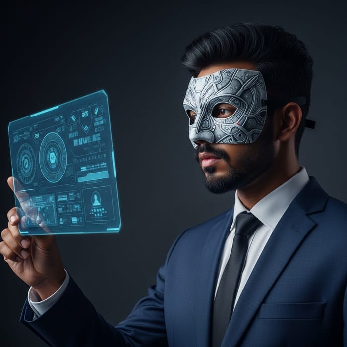 Modern Man in Sharp Suit with Mystery Mask | Essence of Sophistication