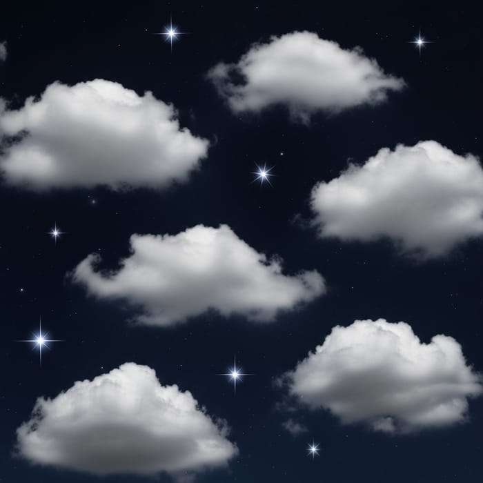 Serene Night Sky with 5 Stars & Fluffy Clouds Serene Night Sky with 5 Stars & Fluffy Clouds
