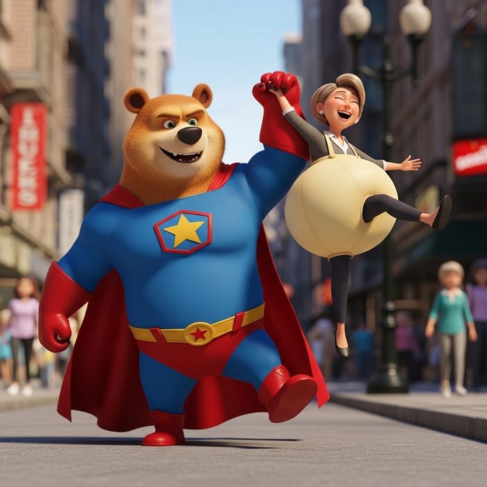 Superhero Care Bear Holding Woman in Balloon Diaper Scene Superhero Care Bear Holding Woman in Balloon Diaper Scene