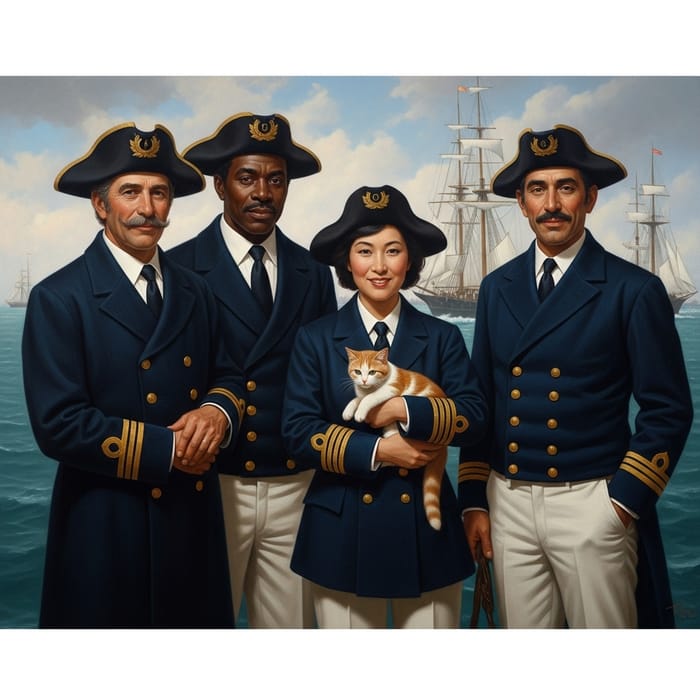 Marine Sailing Captains Discussing Sea Navigation with Cat