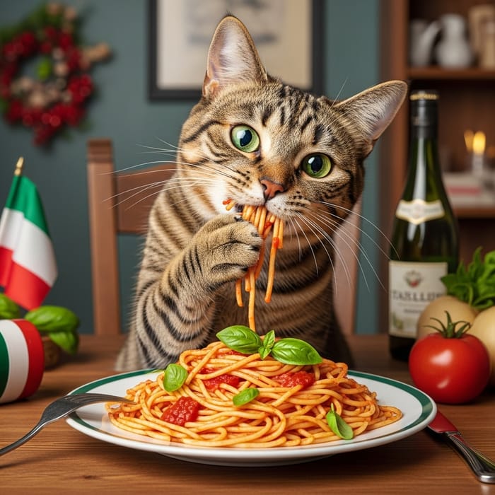 Adorable Cat Indulging in Spaghetti - Delightful Scene Adorable Cat Indulging in Spaghetti - Delightful Scene