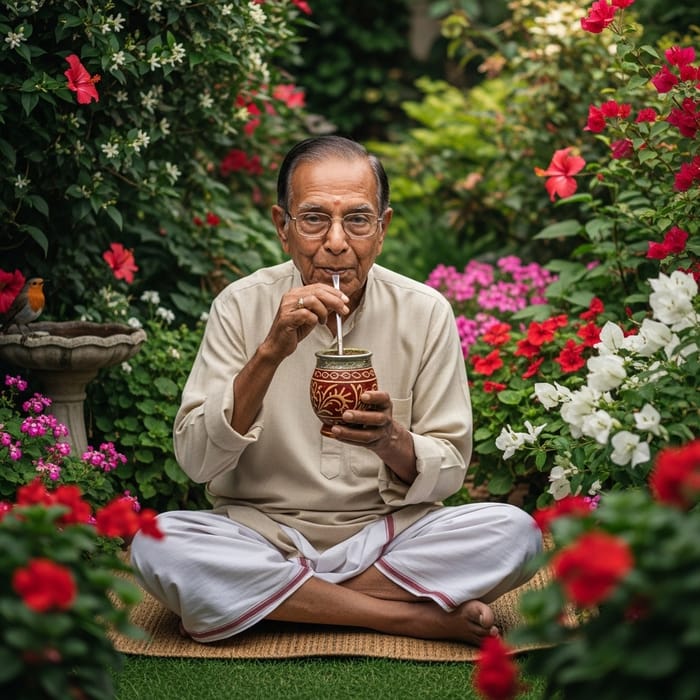Old Man Enjoying Yerba Mate Outdoors Old Man Enjoying Yerba Mate Outdoors