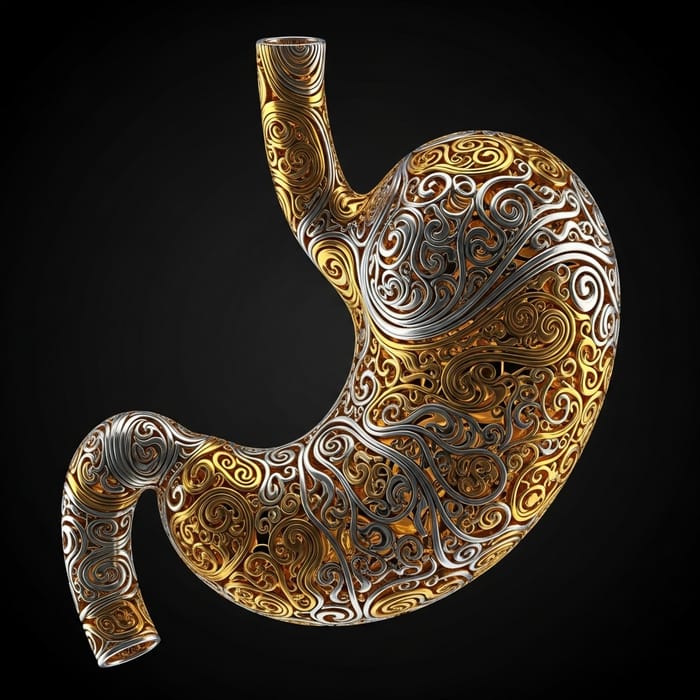 Beautiful Stomach in Gold and Silver on Black Background Beautiful Stomach in Gold and Silver on Black Background