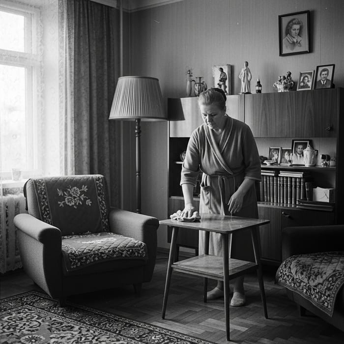 1978 Vintage Photo: Soviet Housewife Cleaning Moscow Apartment