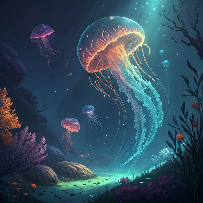 Mystical Underwater Scene with Glowing Jellyfish