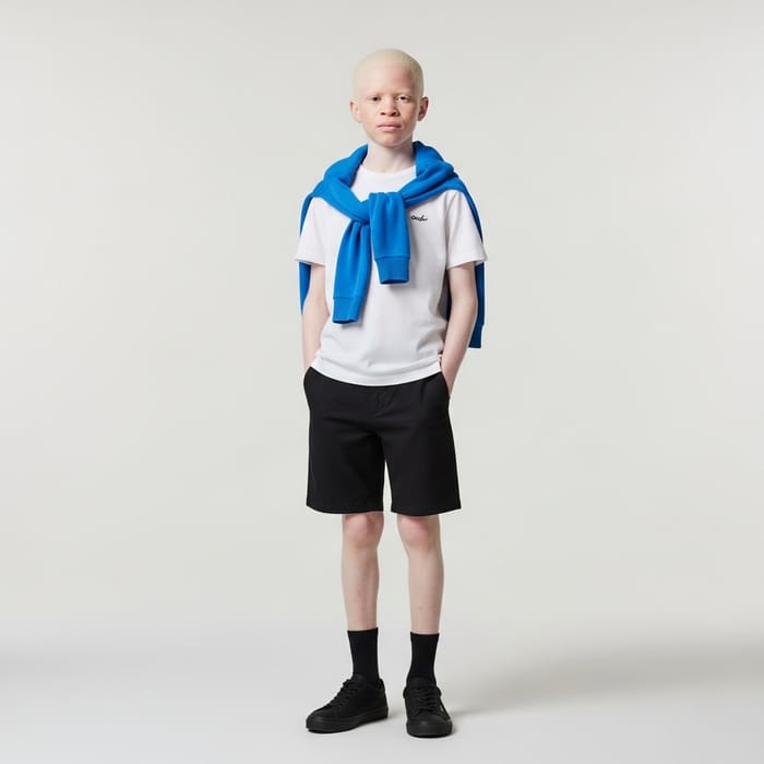 Albino Boy in Black Shorts and Blue Sweater Albino Boy in Black Shorts and Blue Sweater