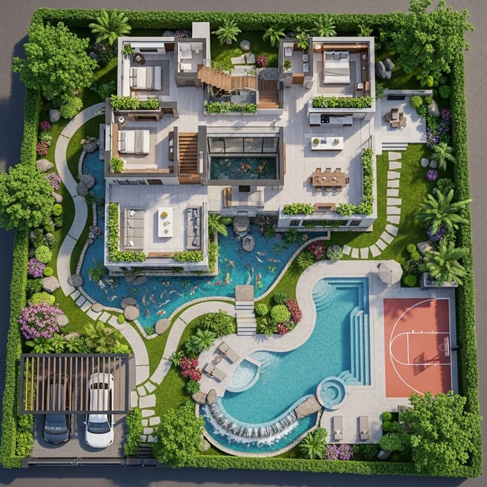 Modern 300 sqm House Plan with Garden, Pool, Basketball Court & Parking - Exclusive Design Modern 300 sqm House Plan with Garden, Pool, Basketball Court & Parking - Exclusive Design