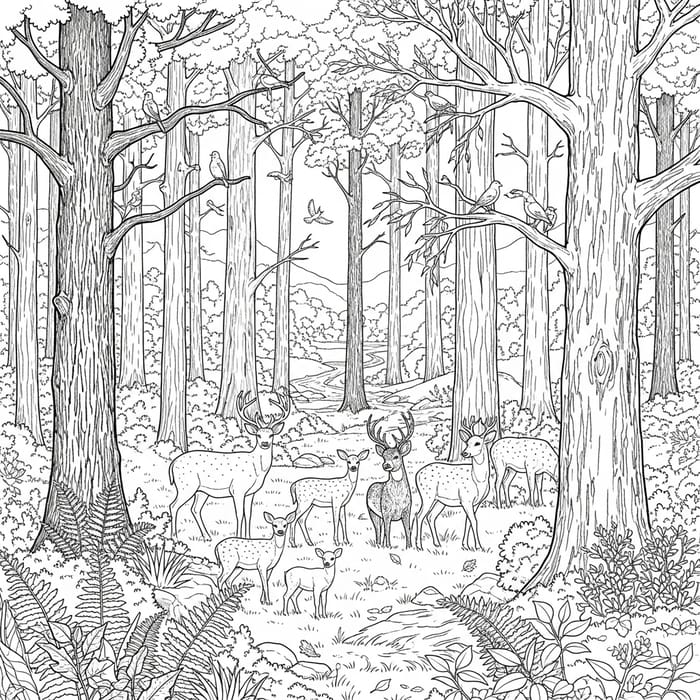 Forest Wood Burning Sketch | Towering Trees, Deer & Stream