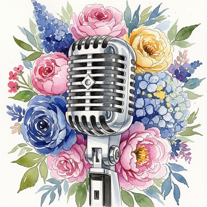 Vocalist Microphone and Watercolor Flowers Vocalist Microphone and Watercolor Flowers