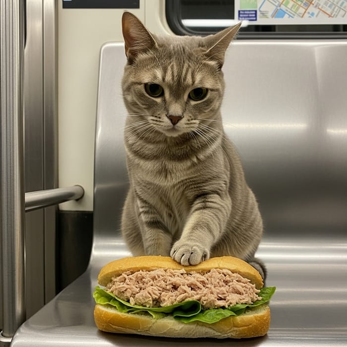 Curious Cat Eating Tuna Sandwich on Subway Platform