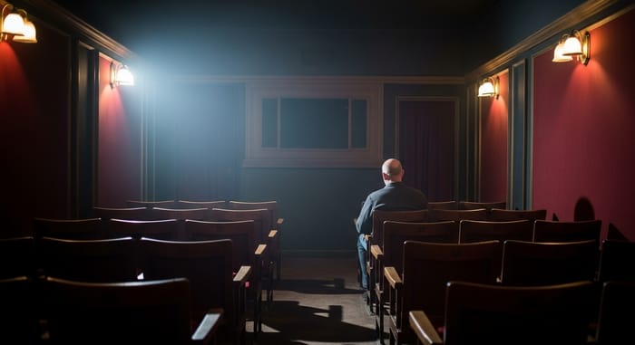 Intimate 1920s Movie Theatre Scene with Film Noir Aesthetic Intimate 1920s Movie Theatre Scene with Film Noir Aesthetic
