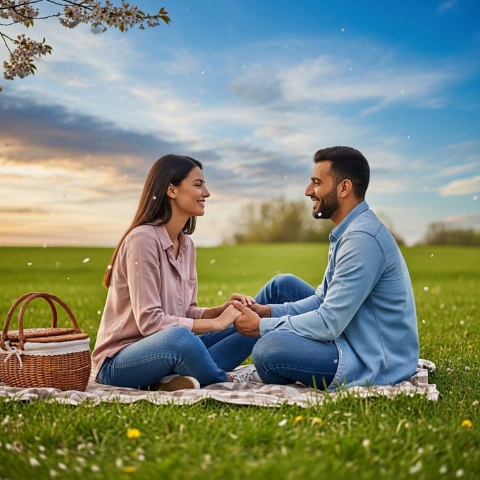 Love & Romance in a Serene Meadow: Hispanic Woman, Middle-Eastern Man