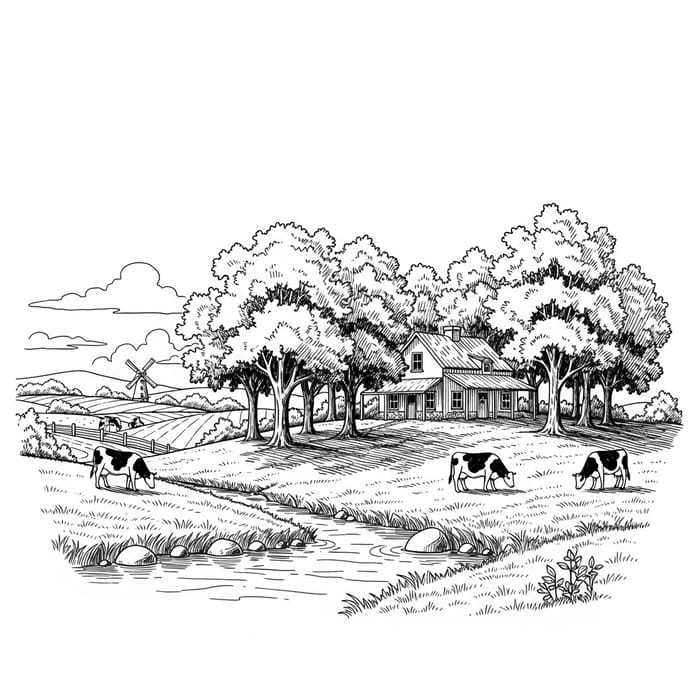 Peaceful Rural Sketch - Quaint Farmhouse & Grazing Cows Peaceful Rural Sketch - Quaint Farmhouse & Grazing Cows