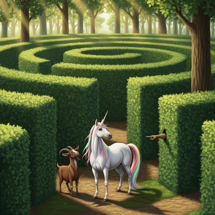 Majestic Unicorn and Friendly Goat in Enchanted Forest Maze