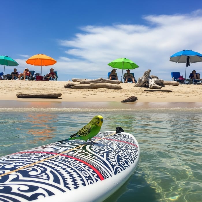 Periquito en Tabla de Surf: Summer Beach Fun Periquito en Tabla de Surf: Summer Beach Fun