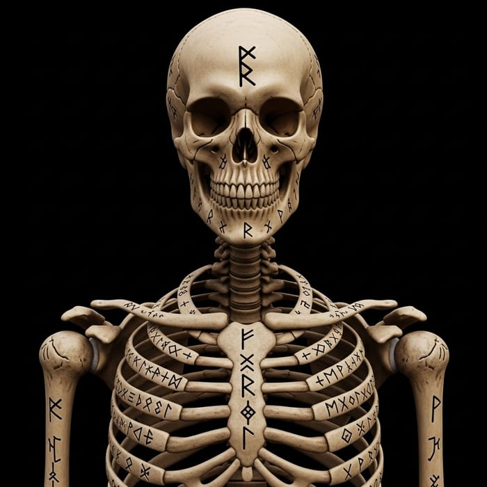 Wizard Skeleton with Rune-Adorned Human Head | Fantasy Art