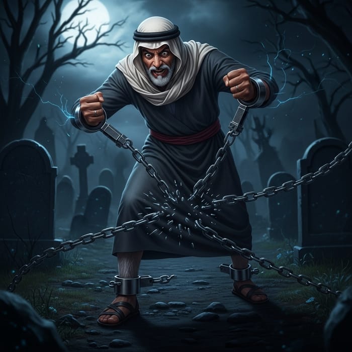 Gadarene Demoniac Breaking Chains in Graveyard