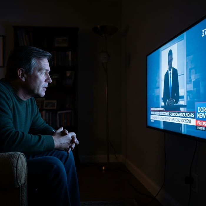 Captivated Man Absorbed by TV's Influence | Engaging TV News Show Captivated Man Absorbed by TV's Influence | Engaging TV News Show