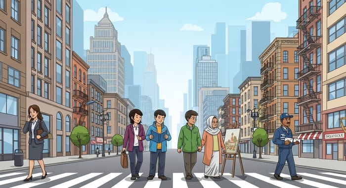 Diverse Cityscape Alive with Multicultural Daily Life