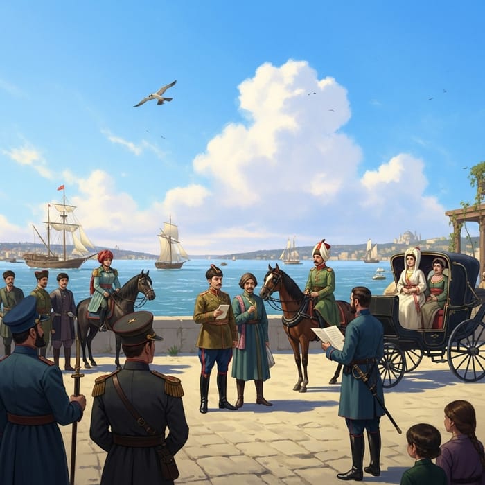 People by Bosphorus in Ottoman Era Scene with Varied Characters