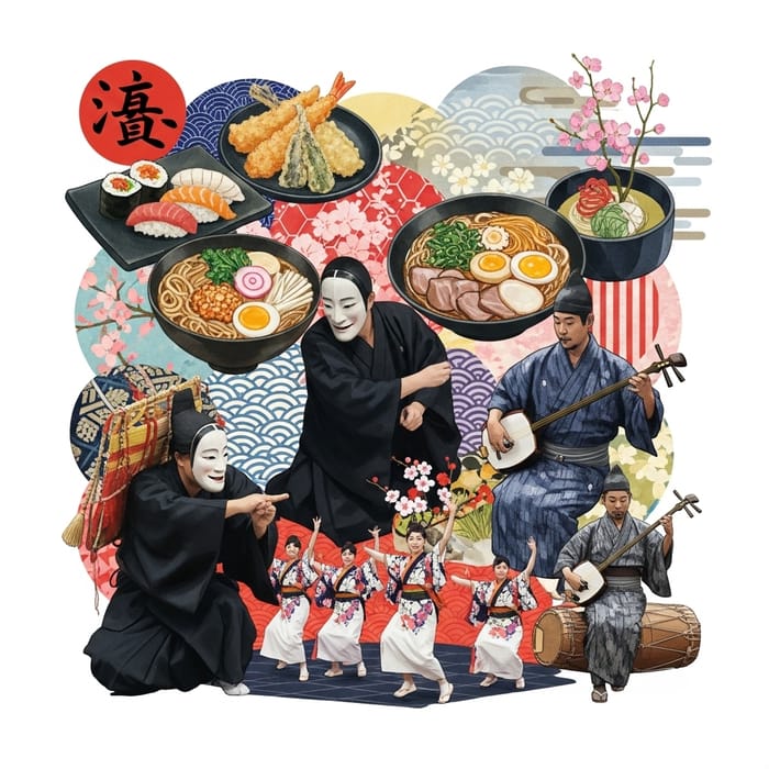 Fresh & Unprecedented Japanese Culture Collage with Food, Art & Dance Fresh & Unprecedented Japanese Culture Collage with Food, Art & Dance