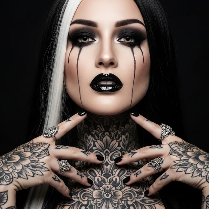 Alluring Femme Fatale: Dark Makeup, Ornate Tattoos & Dramatic Pose Alluring Femme Fatale: Dark Makeup, Ornate Tattoos & Dramatic Pose