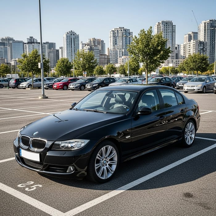 Sleek Black Bmw E90 in Proper Parking Lot Sleek Black Bmw E90 in Proper Parking Lot