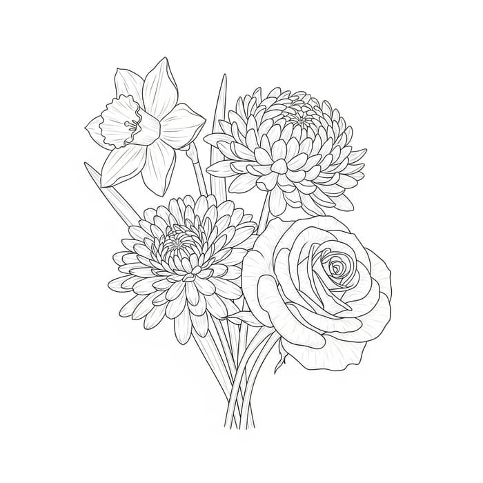 Daffodil Chrysanthemum Rose Bouquet Line Art Illustration