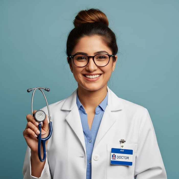Smiling South Asian Woman Doctor on Blue Background Smiling South Asian Woman Doctor on Blue Background