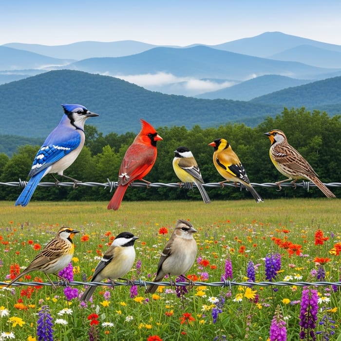 Bird Variety Perched on Flowers & Barbed Wire Fence in Scenic Field