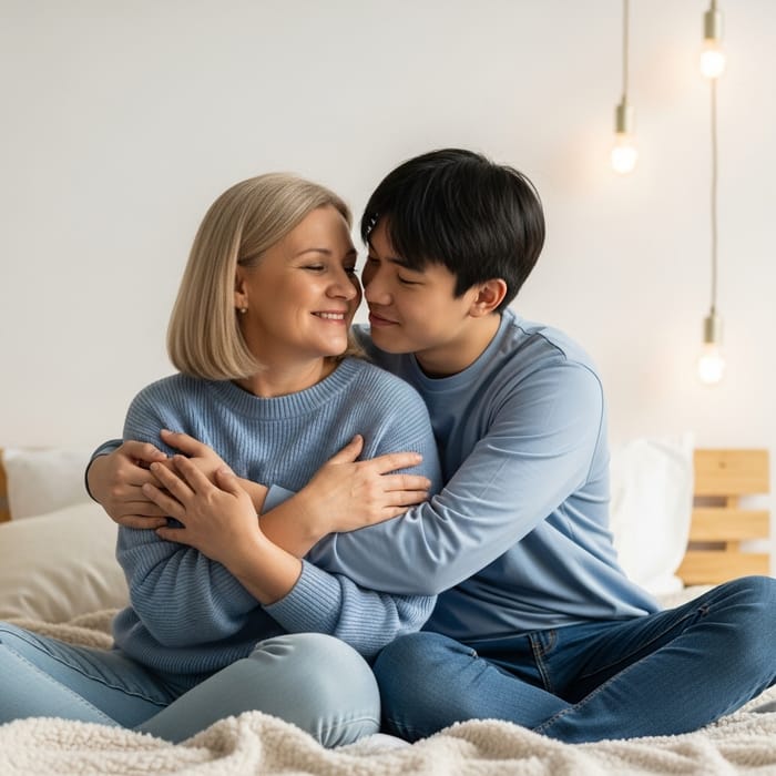 Heartwarming Moment: Mother and Son Cuddling in Bed