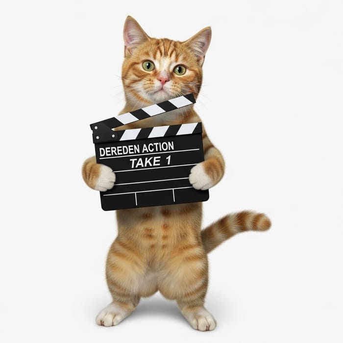 Cat holding movie action clapperboard: An Animated Tale Cat holding movie action clapperboard: An Animated Tale