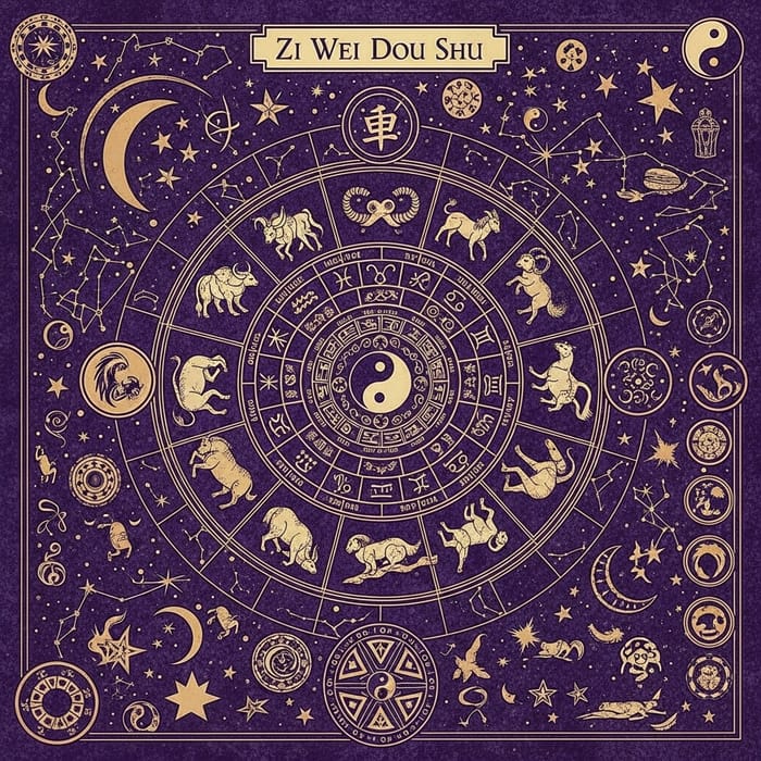 Purple Cosmic Illustration: Chinese Zodiac, 5 Elements & Yin Yang