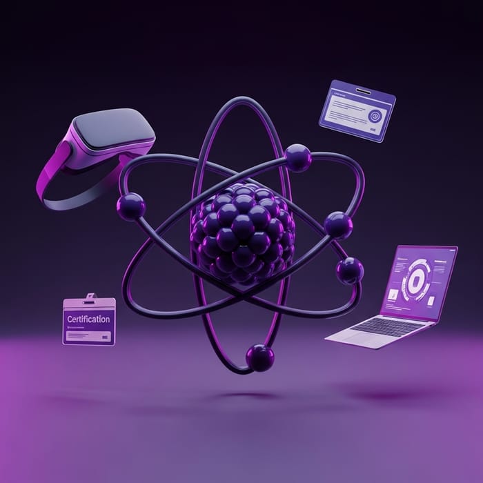 Futuristic Atom Visualization with VR and Tech Elements Futuristic Atom Visualization with VR and Tech Elements