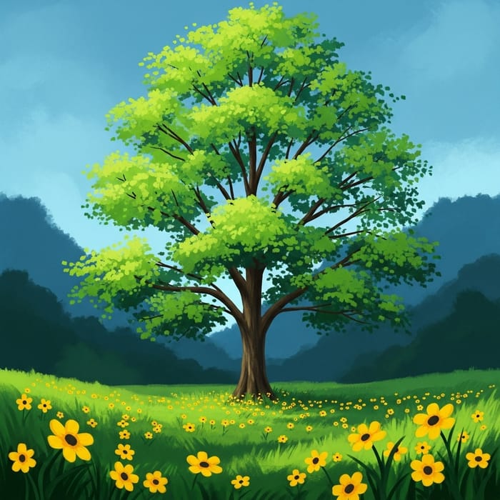 Serenity in Green and Blue: Majestic Tree Overlooking Yellow Flowers Serenity in Green and Blue: Majestic Tree Overlooking Yellow Flowers