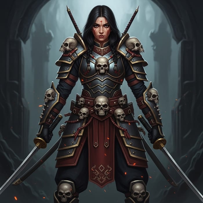Warrior Girl with Skulls and Armor: Strength & Resilience Warrior Girl with Skulls and Armor: Strength & Resilience