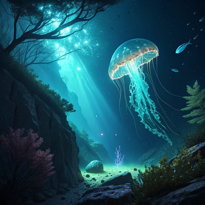 Mystical Underwater Scene with Glowing Jellyfish