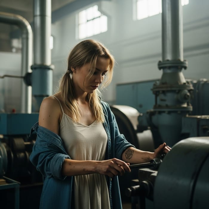 Blonde Worker in USSR with Ponytails in Sundress