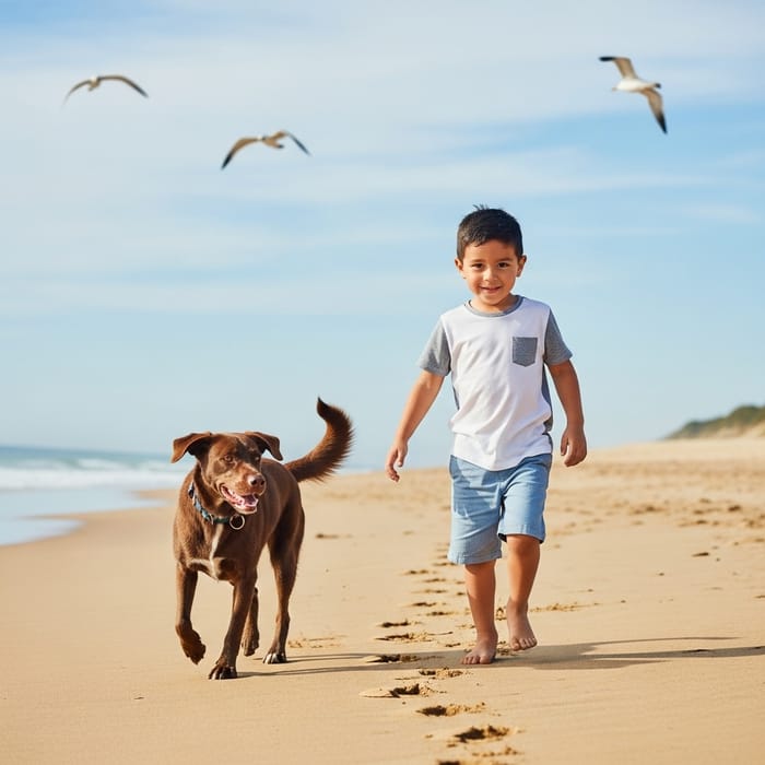 Serene Moment: Young Hispanic Boy Walking Beach with Dog Serene Moment: Young Hispanic Boy Walking Beach with Dog
